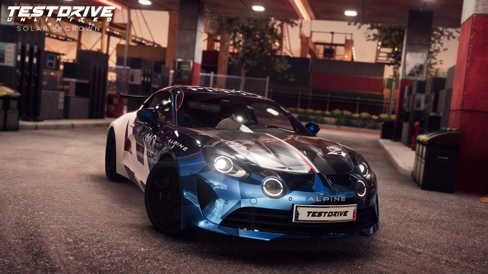 Sports car under warm evening lights
