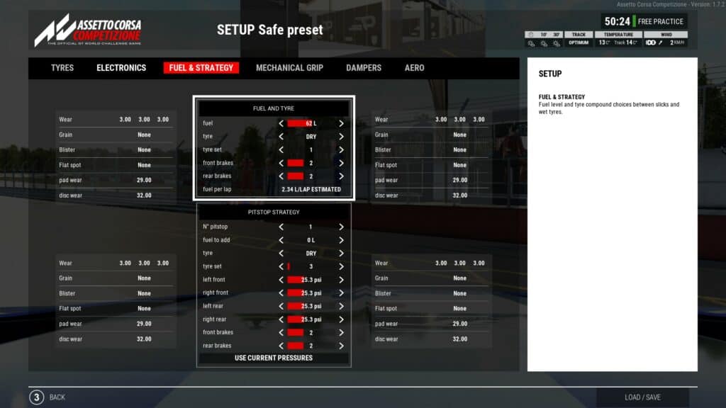 Assetto Corsa Competizione Basic Setup Guide Setup safe preset fuel