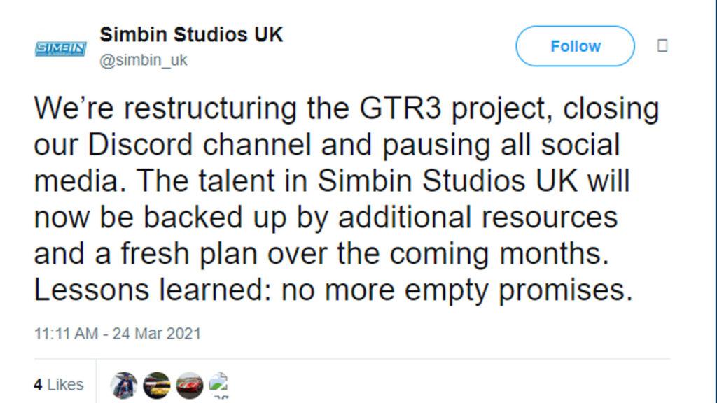 Simbin Studios UK GTR3 social media closure
