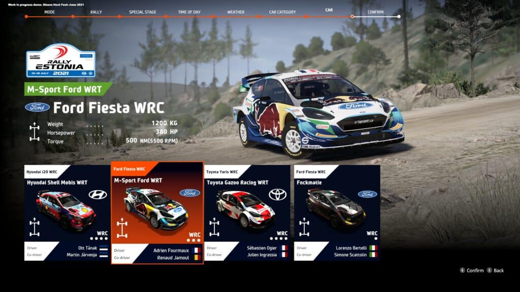 WRC 10 car selection screen