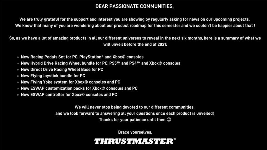Thrustmaster 2021 roadmap sim racing