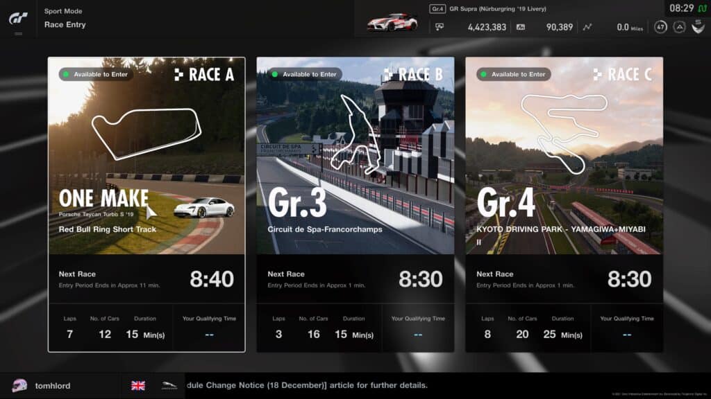 GT Sport Daily Races setlist, 4th October 2021