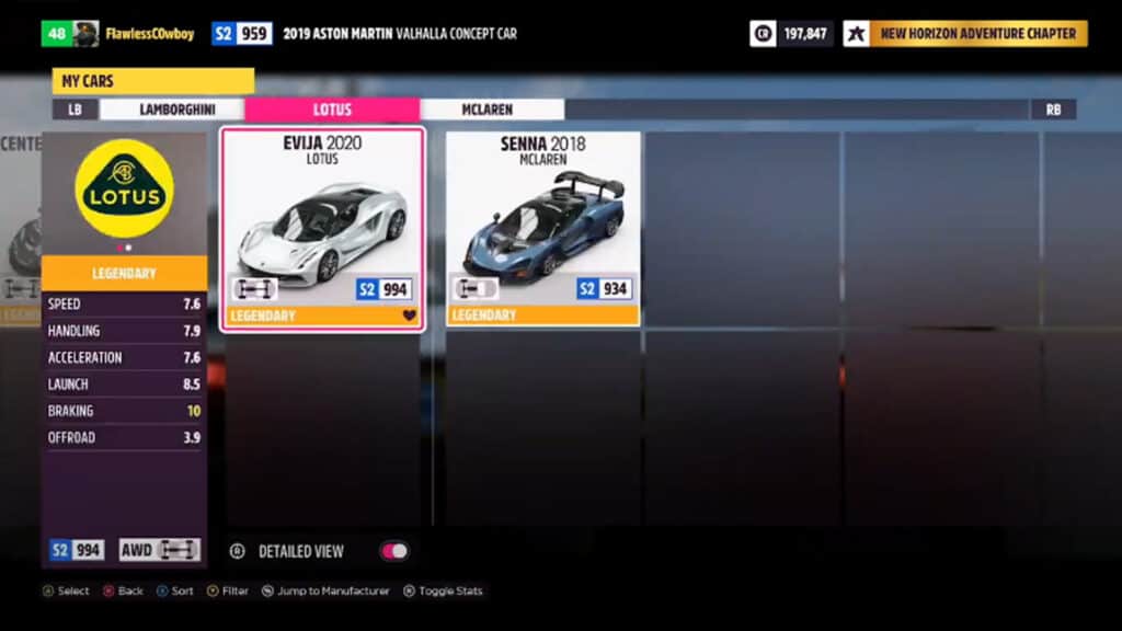 Lotus Evija in Forza Horizon 5 car select