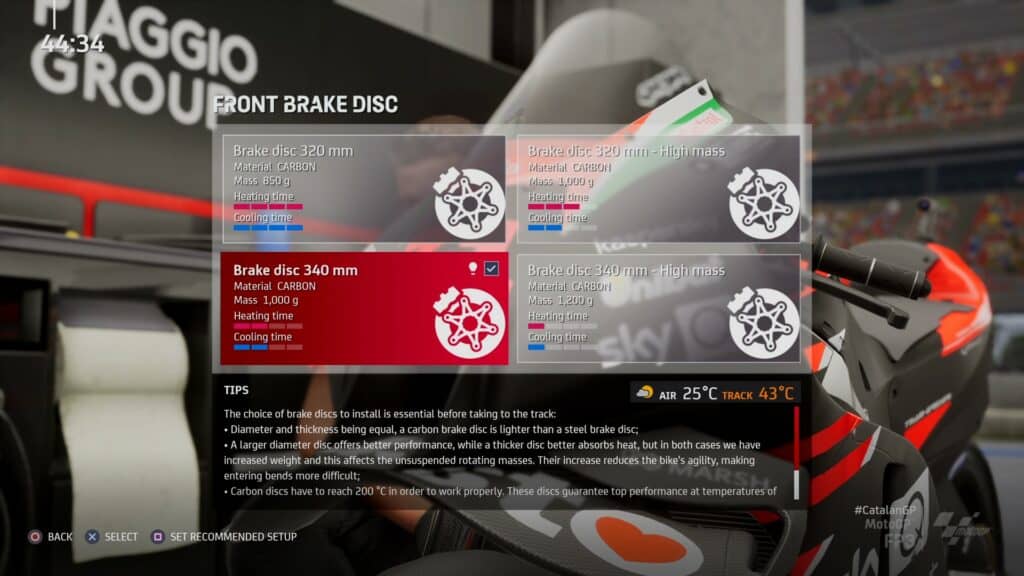 MotoGP 21 Brake disc selection