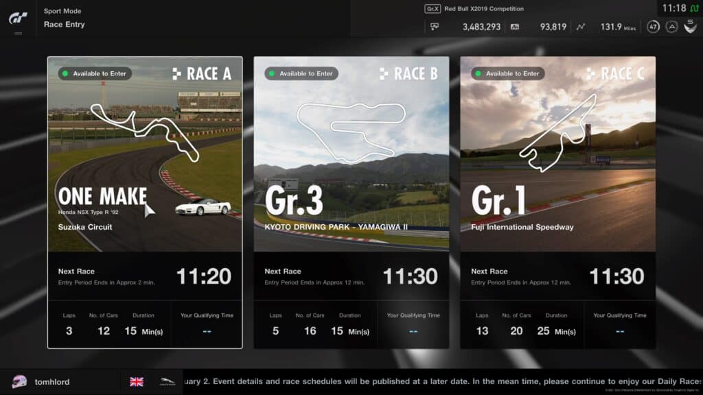 GT Sport Daily Races, week commencing 27th December 2021