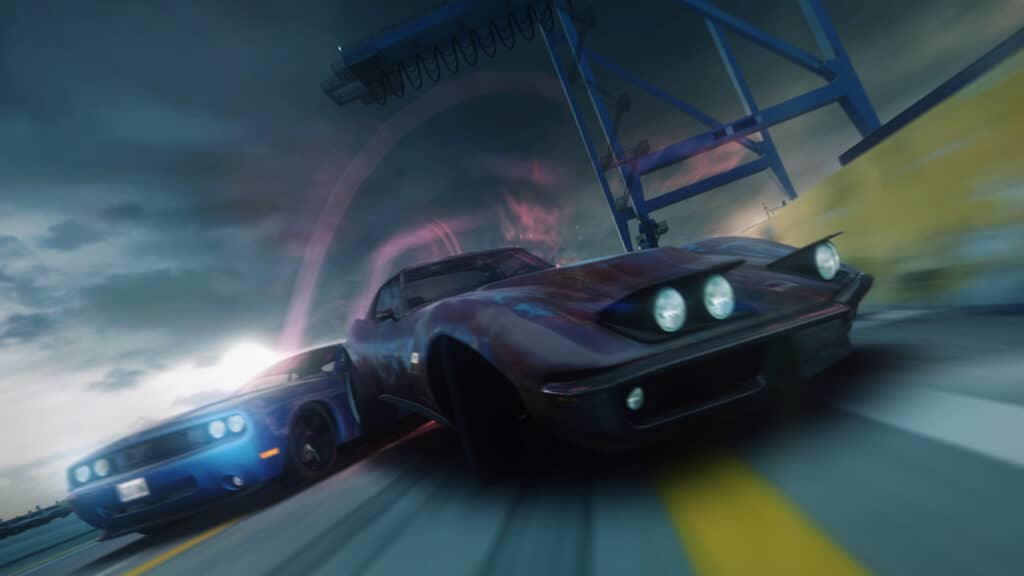 Blur racing game, Chevrolet Corvette and Dodge Challenger crash