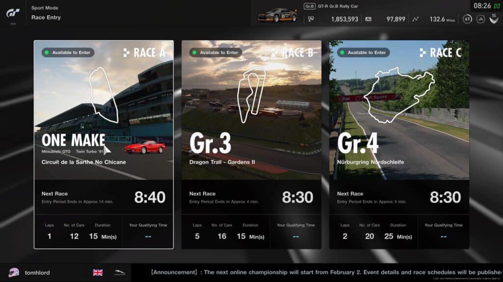 GT Sport Daily Races week commencing 10th January 2022
