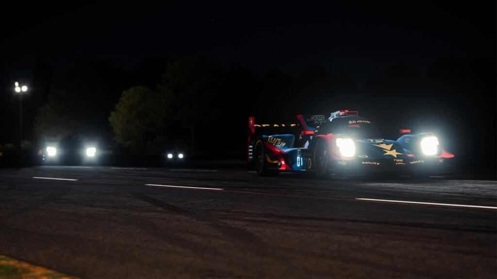 Realteam Hydrogen Redline #70 LMP at night during 24 Hours of Le Mans Virtual 2022