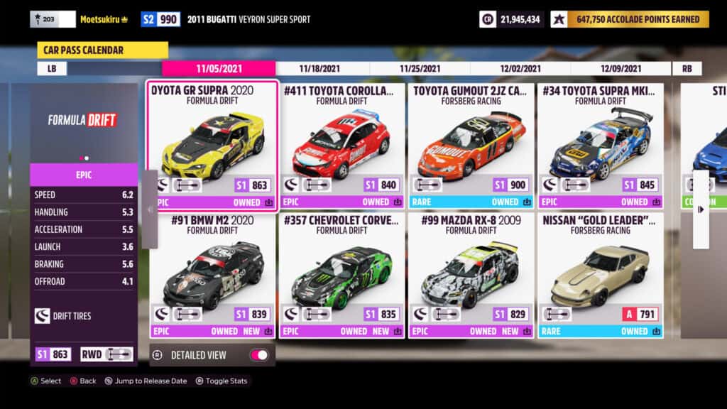 Forza Horizon 5, Car Pass Calendar, Formula Drift DLC