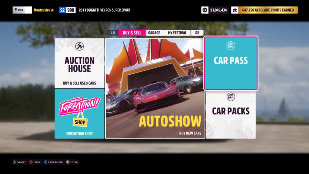 Forza Horizon 5, Car Pass menu