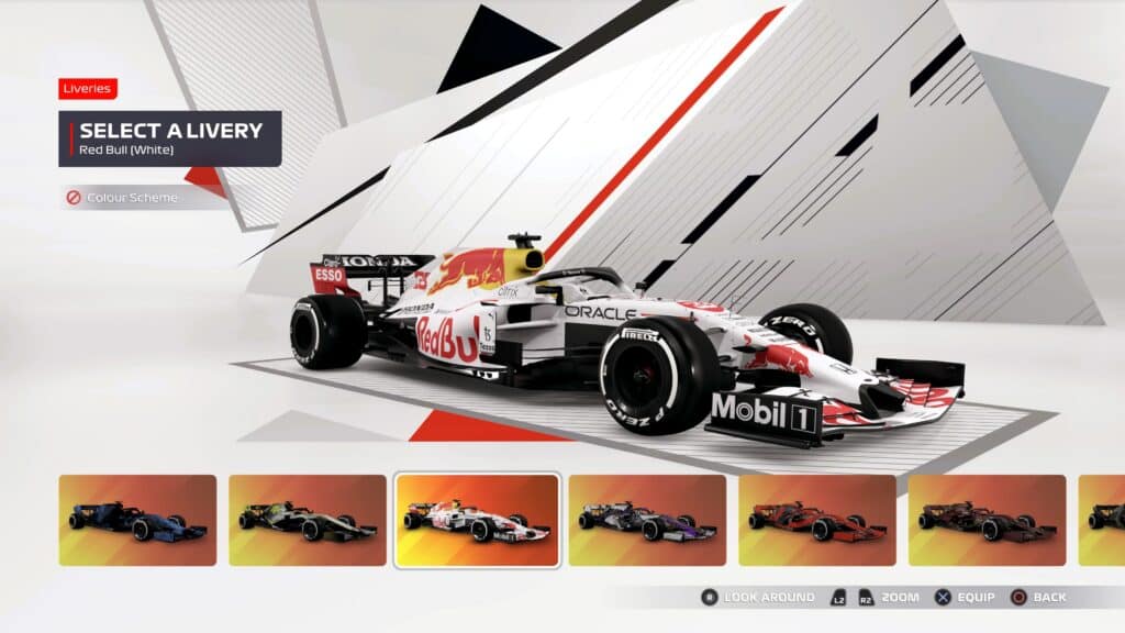 F1 2021 game, customisation, car liveries, select a livery, Red Bull White