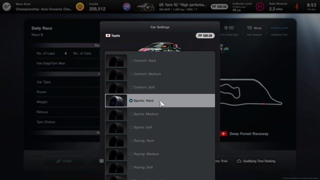 Gran Turismo 7, tyres, pre race settings