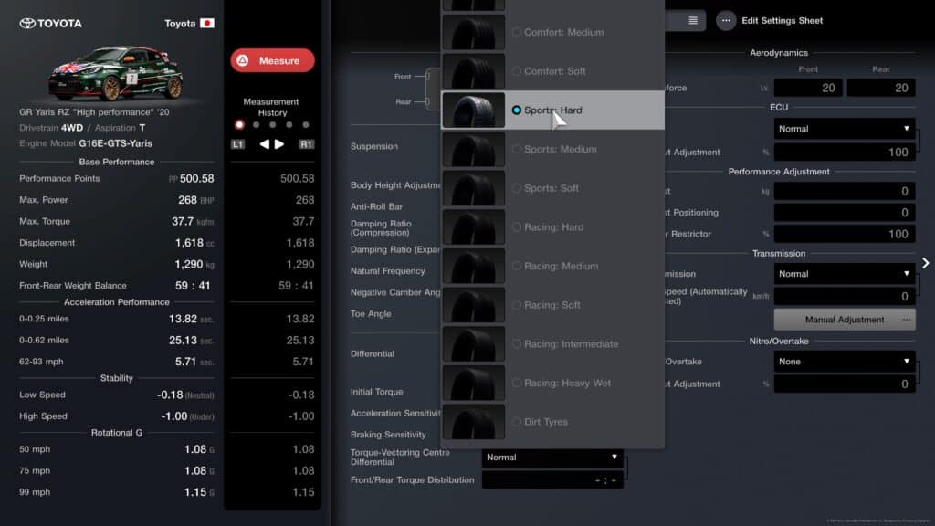 Gran Turismo 7, tyres, car settings sheet