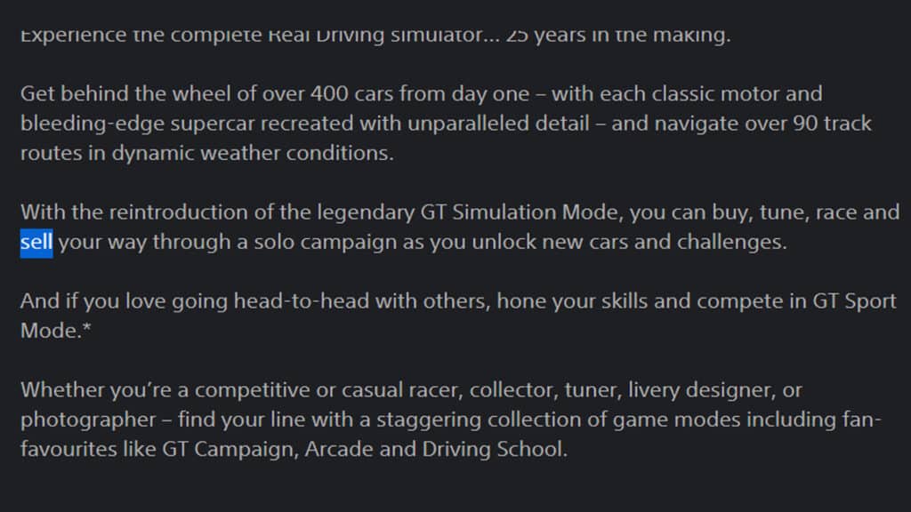 Gran Turismo 7, selling cars, PlayStation Store description