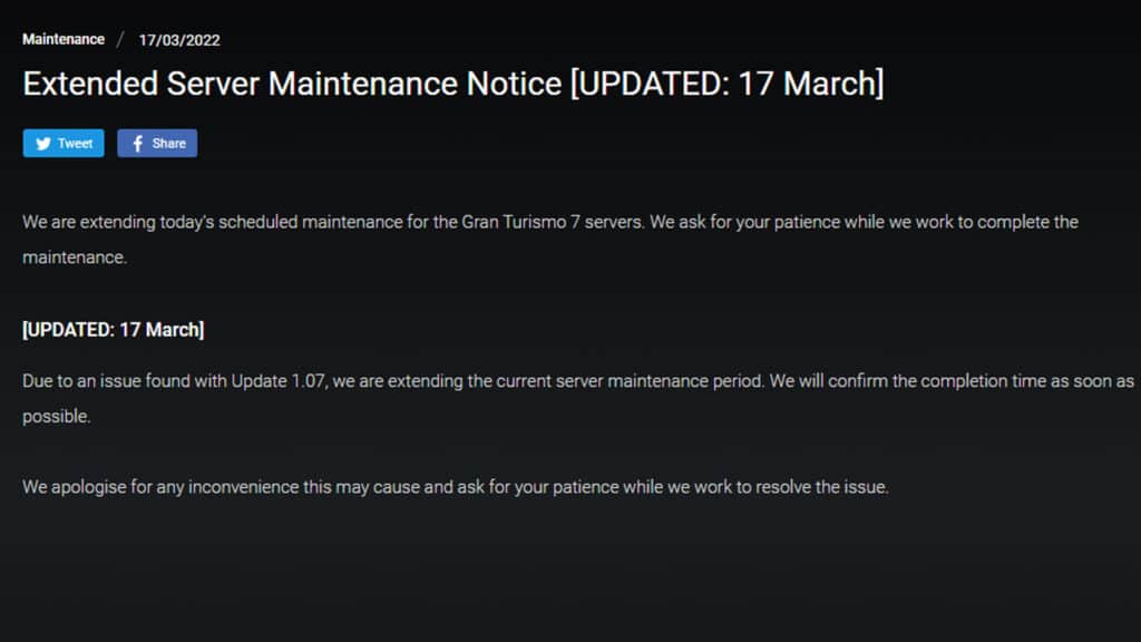 Gran Turismo 7 maintenance knocks PS5 game offline for more than a