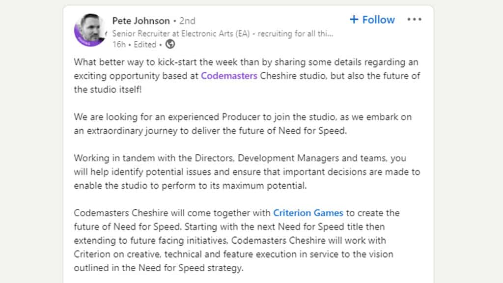 EA and Codemasters recruiting for next Need for Speed, Cheshire