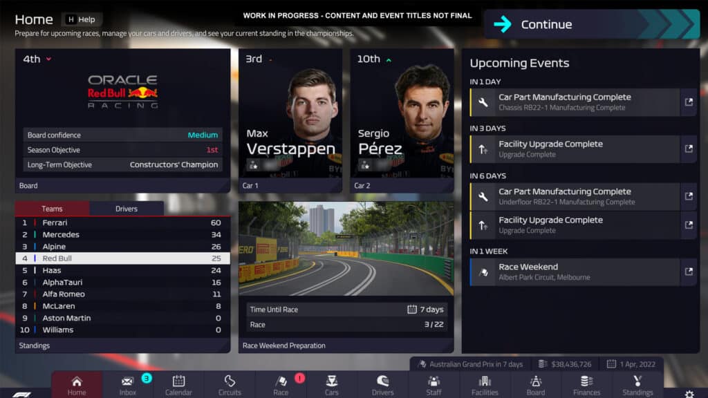 F1 Manager 22 home screen hub