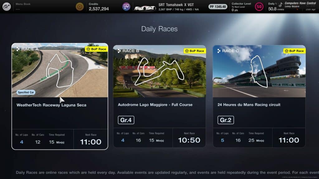 This week's selection of Gran Turismo 7 Daily Races features more BoP races, including Gr.4, Gr.2 and Radical SR3 single-make races.