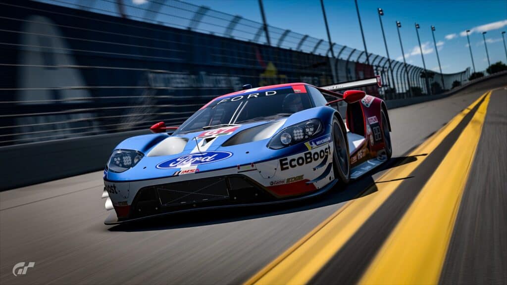 Gran Turismo, car, race cars, video games, race tracks, Ford, yellow, yellow cars, Ford GT, Ford GT40, Gran Turismo 7, Polyphony Digital, simple background, minimalism, road