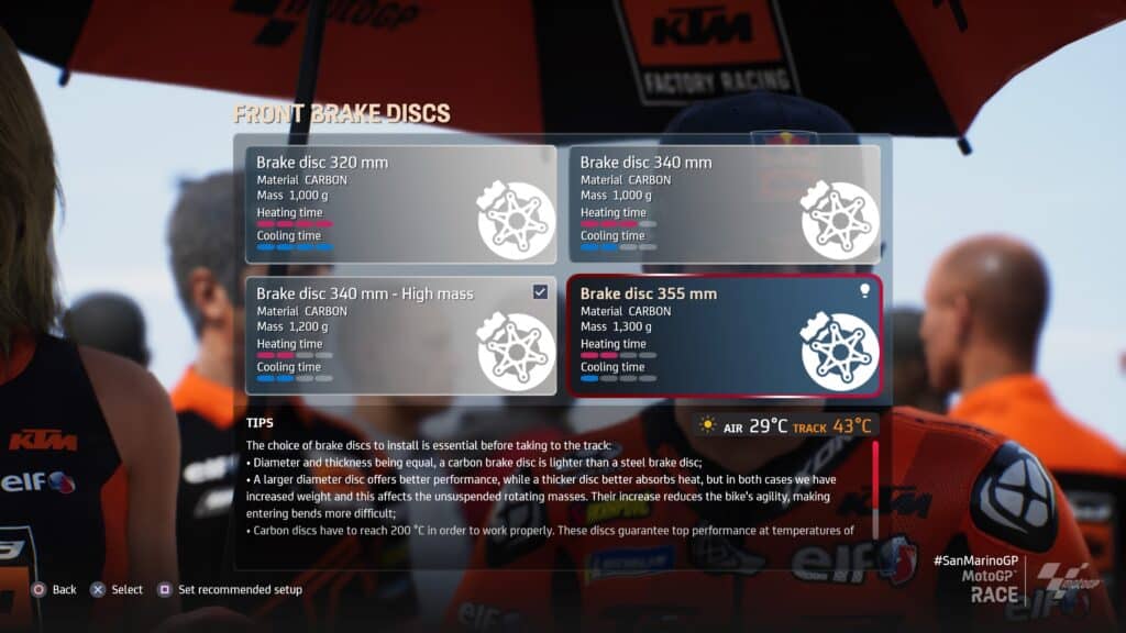 MotoGP 22 brake disc selection