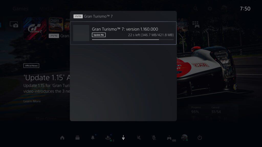 Gran Turismo 7 version 1.16 update file size, PS5
