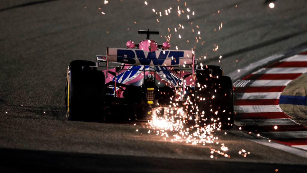 Sparks fly from Sergio Perez, Racing Point RP20 - ID: 1018371121, Photographer: Zak Mauger, Motorsport Images