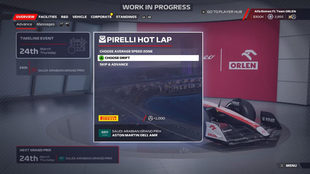 F1 22 Pirelli Hot Lap challenges in My Team and Driver Career