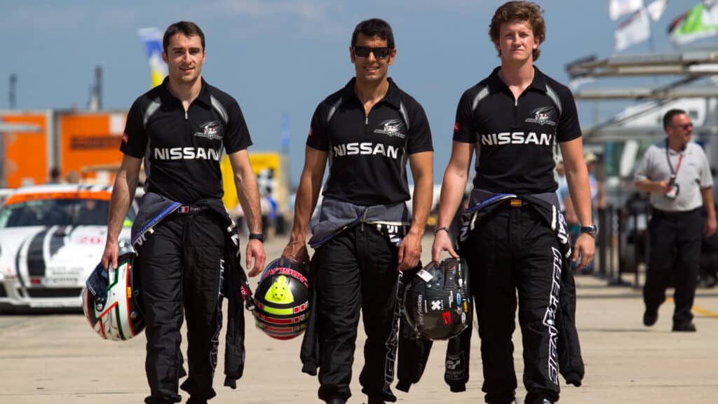 Lucas Ordonez, the first GT Academy winner right, with ALMS teammates in 2011 Franck Mailleux, Soheil Ayari - Motorsport Images