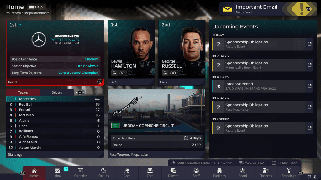 F1 Manager 2022 home overview, hub