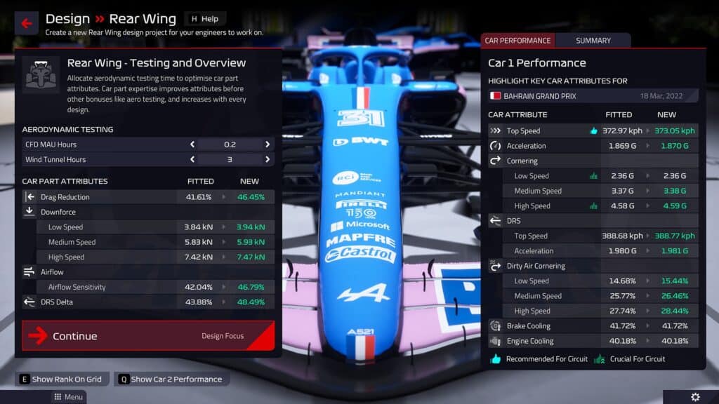 F1 Manager 2022, Part allocation and car development