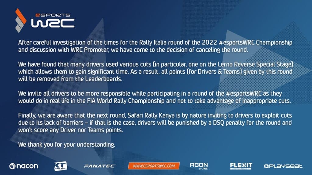 WRC Esports 2022, Rally Italia Sardinia cancelled due to cutting controversy
