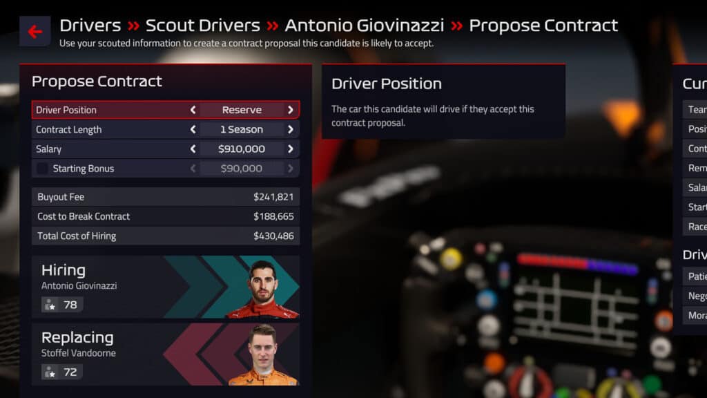F1 Manager 2022 - Driver contract proposal options