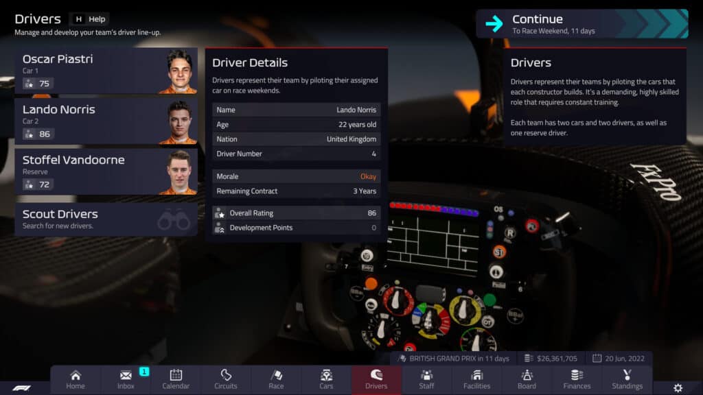 F1 Manager 2022 - Drivers tab