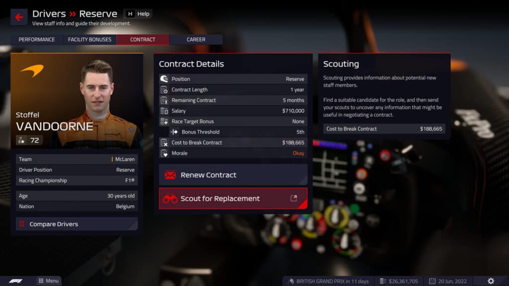 F1 Manager 2022 - Replace driver, scout for replacement