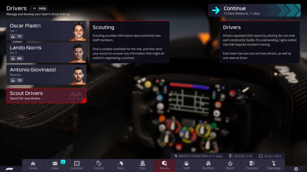 F1 Manager 2022 - Scout driver