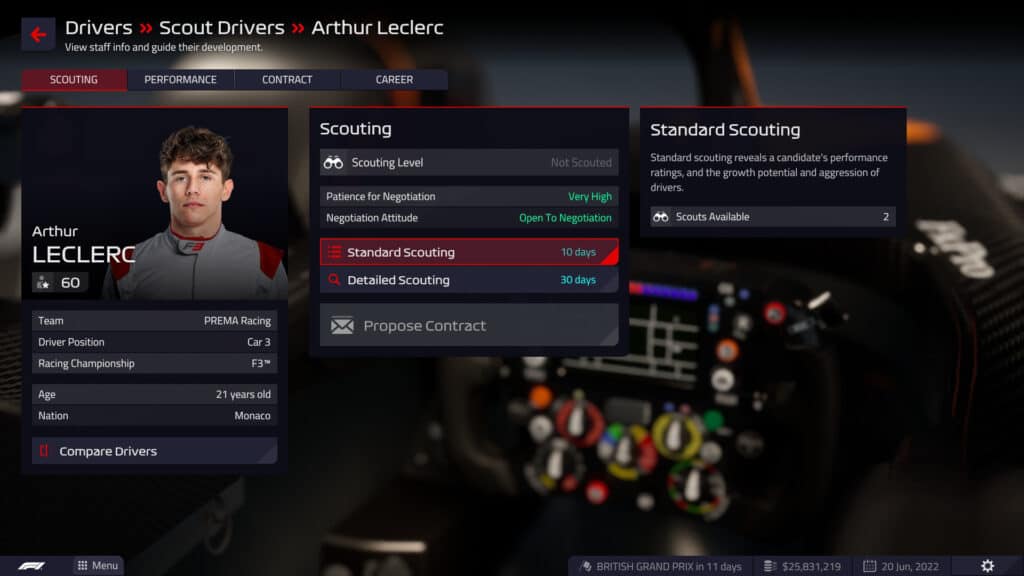 F1 Manager 2022 - Scout driver, Arthur Leclerc