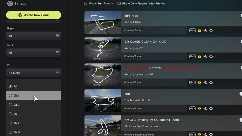 How to use lobby search filters, Gran Turismo 7