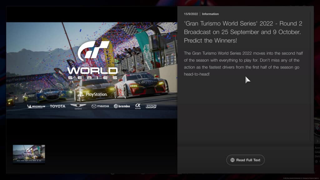Broadcast of Round 2 of the Gran Turismo World Series