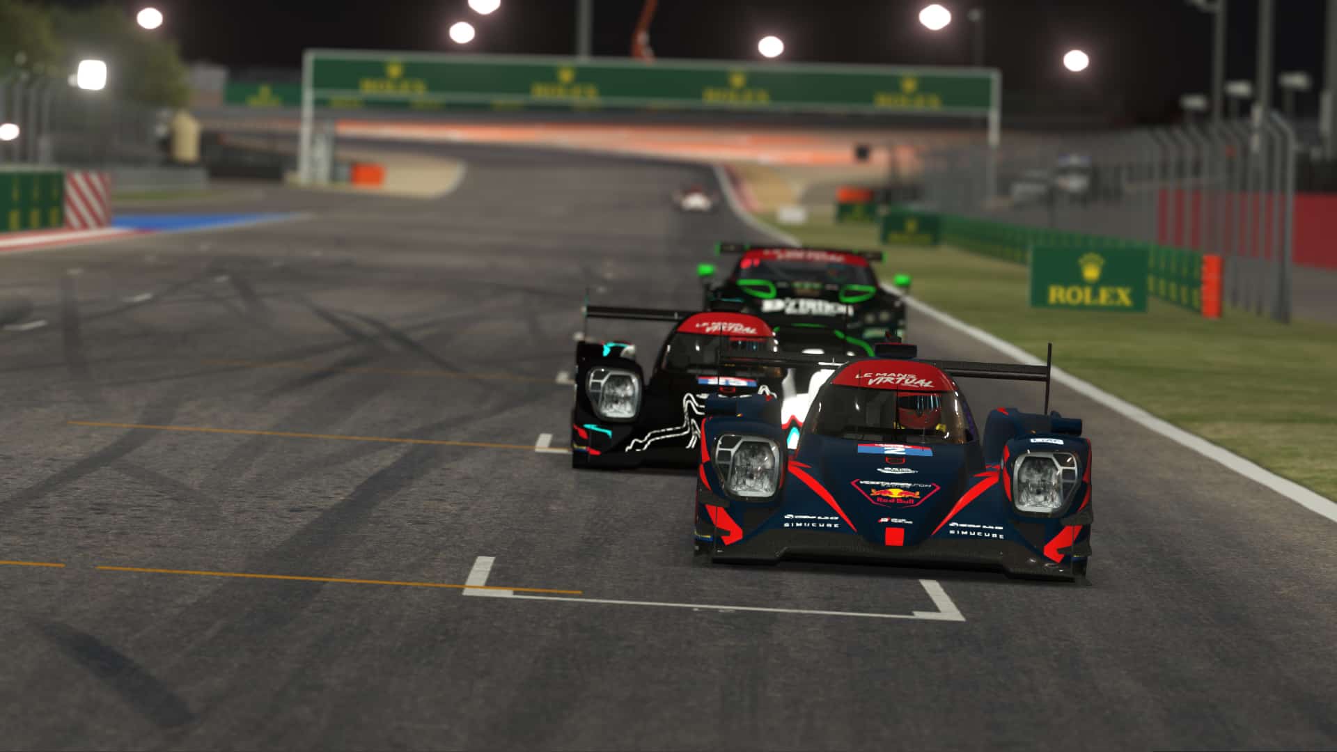 Two LMP2 cars followed by GTE car at Bahrain Le Mans Virtual Series