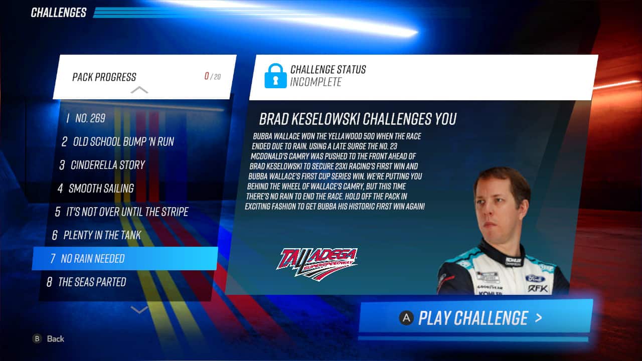 NASCAR Rivals Challenges menu