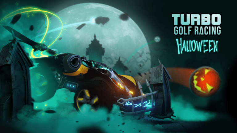 Turbo Golf Racing's latest vehicle, Hornet, hitting a Halloween pumpkin