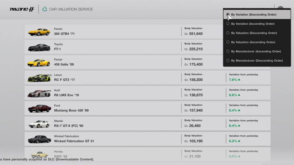 Gran Turismo 7 Car Valuation Service car list and sorting options