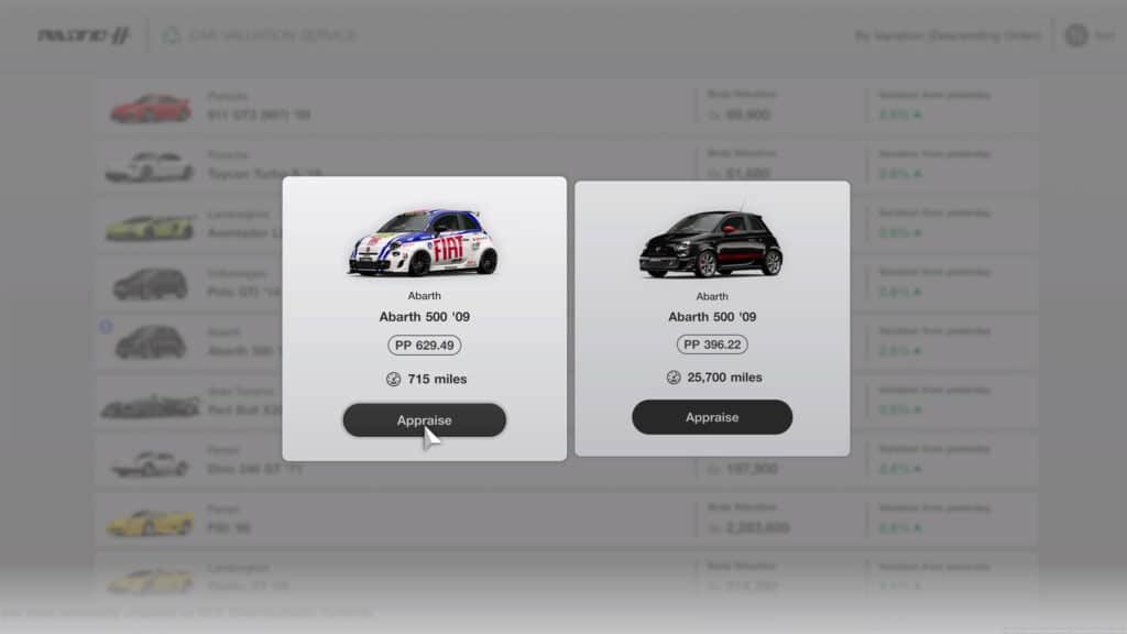 Gran Turismo 7 sell cars, Car Valuation Service, two of the same