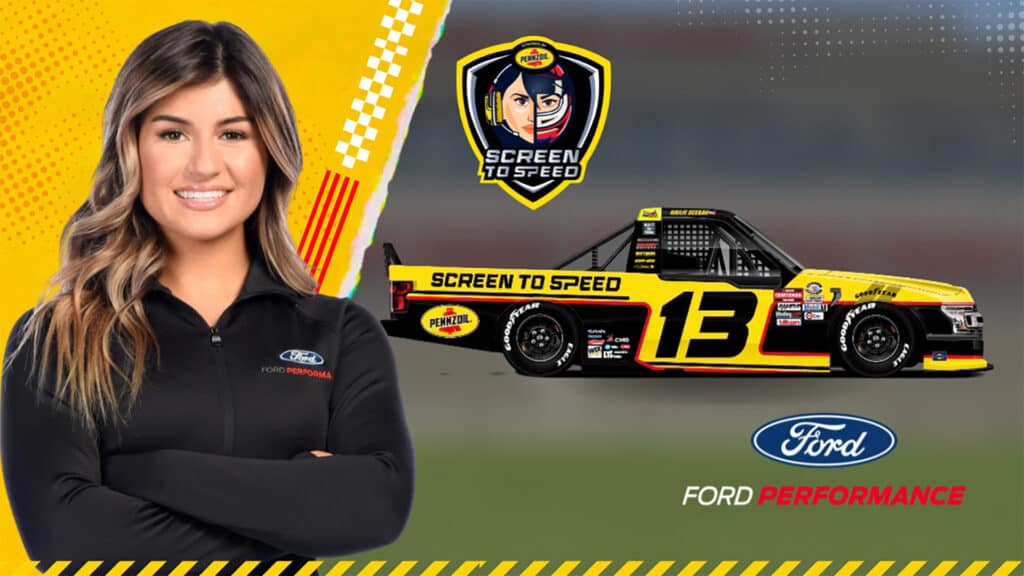 Hailie Deegan racing in Screen to Speed truck at Las Vegas on Friday