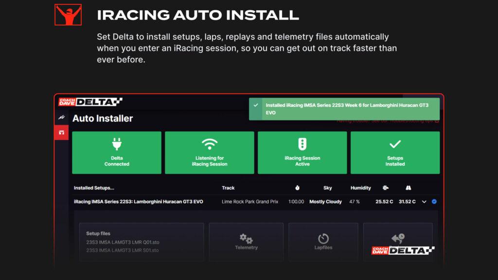 Coach Dave Academy Delta, iRacing auto install setups