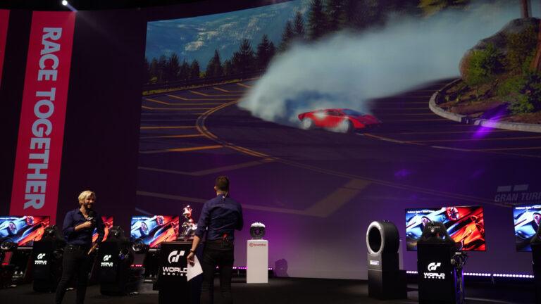 Jimmy Broadbent and Tom Brooks look on in amazement at Gran Turismo Sophy drifting