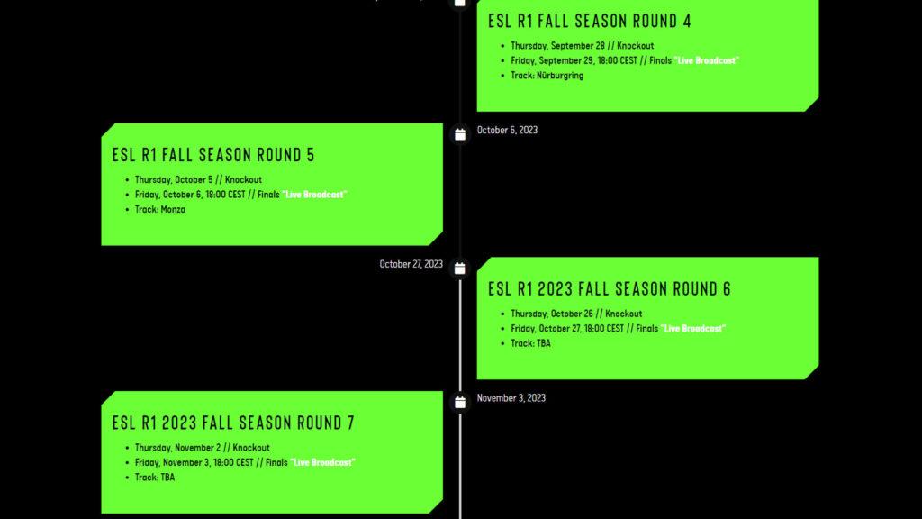 ESL R1 Fall Season 2023 track TBAs