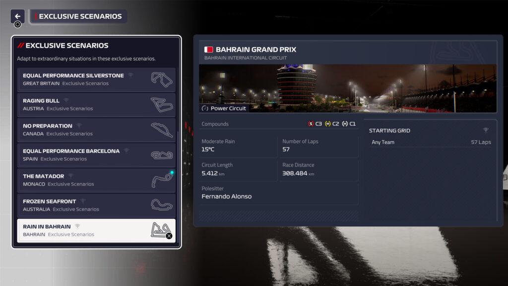 F1 Manager 2023 Exclusive Scenarios selection menu