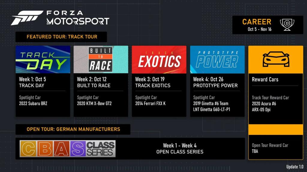 Forza Motorsport track tour series events October 2023