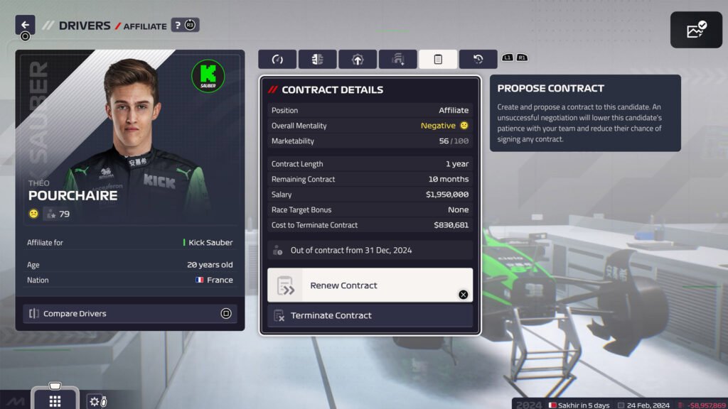 F1 Manager 2024 affiliate driver renew contract